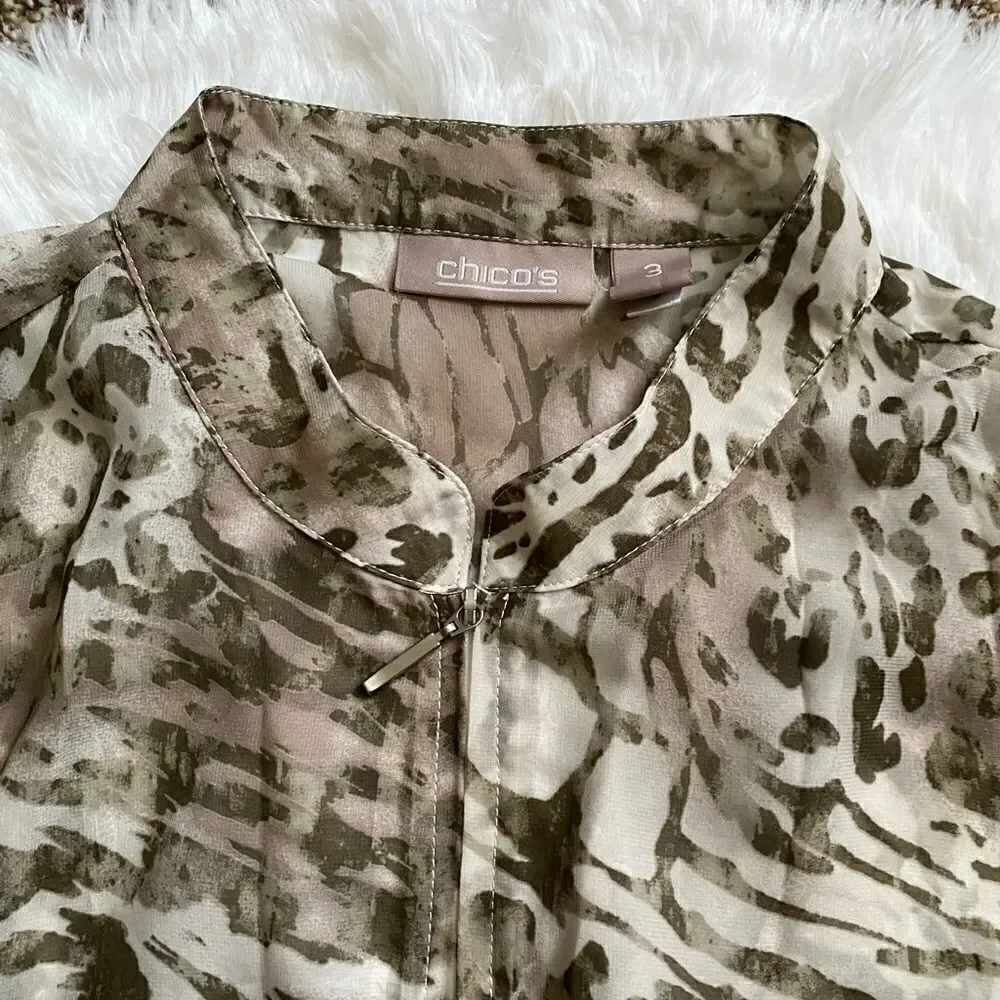 Chico’s Jacket Animal Print Sheer Zip Front Pockets Thin Lightweight‎ Size 3X